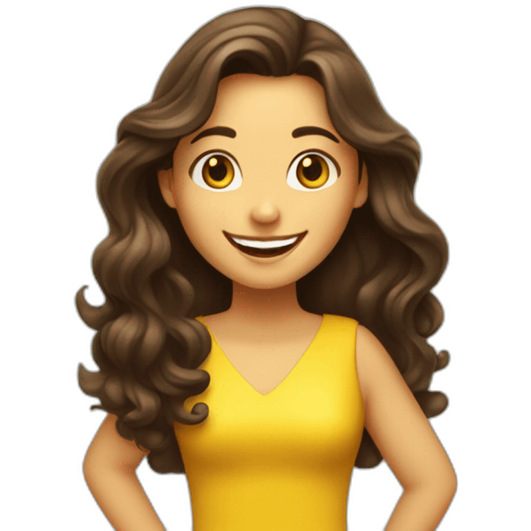 Brunette very happy girl with long wavy hair in the foreground shake her hand for say hi! to someone. She is wearing a yellow dress emoji