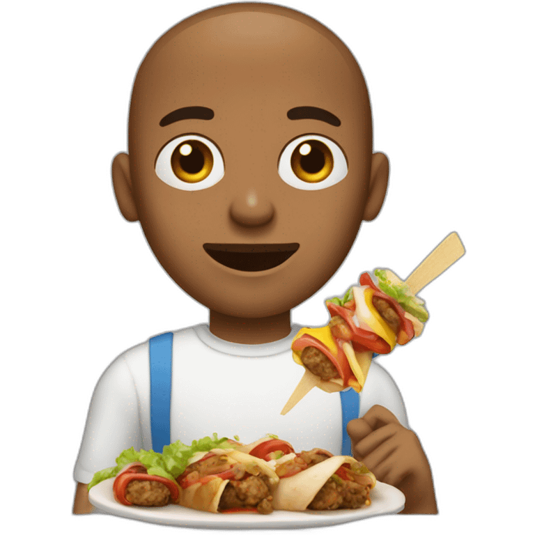 a brown skinned man, emaciated face with short curly hair eating a kebab emoji