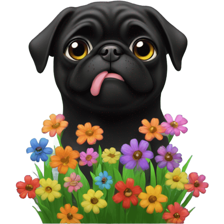 Black pug , surrounded by flowers, holding a green sign that says “good luck”  emoji