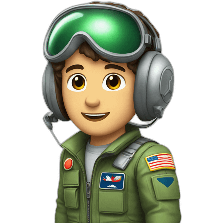 A young white man with dark brown hair and brown eyes in a pilot suit and wearing a green Pilot headset emoji