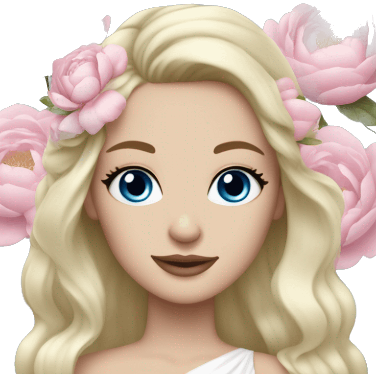 White bride with long light blonde hair and blue eyes with light pink peonies in hair white skin  emoji