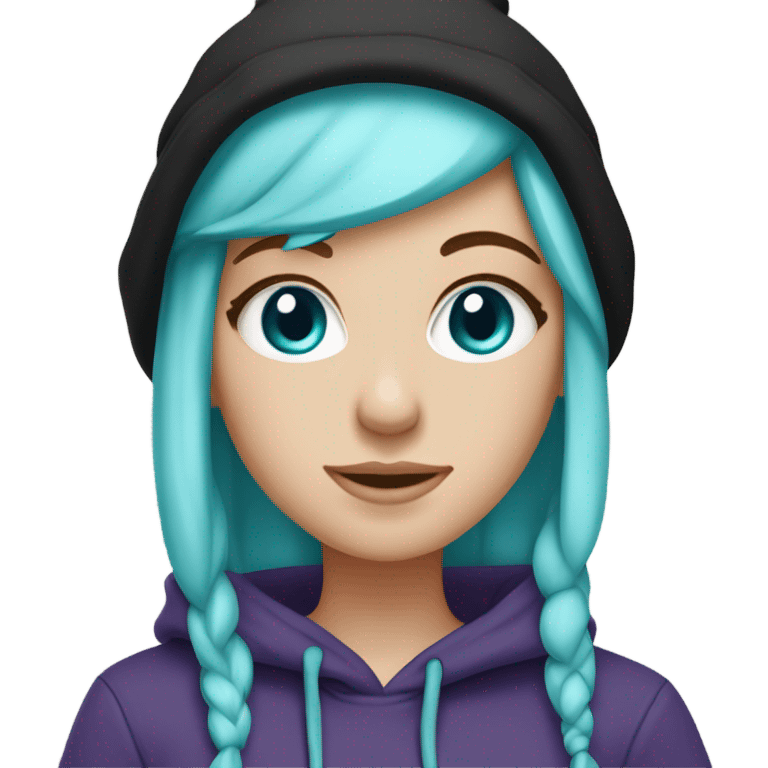 White girl, blue eyes, long teal hair, purple beanie hat, black hoodie emoji