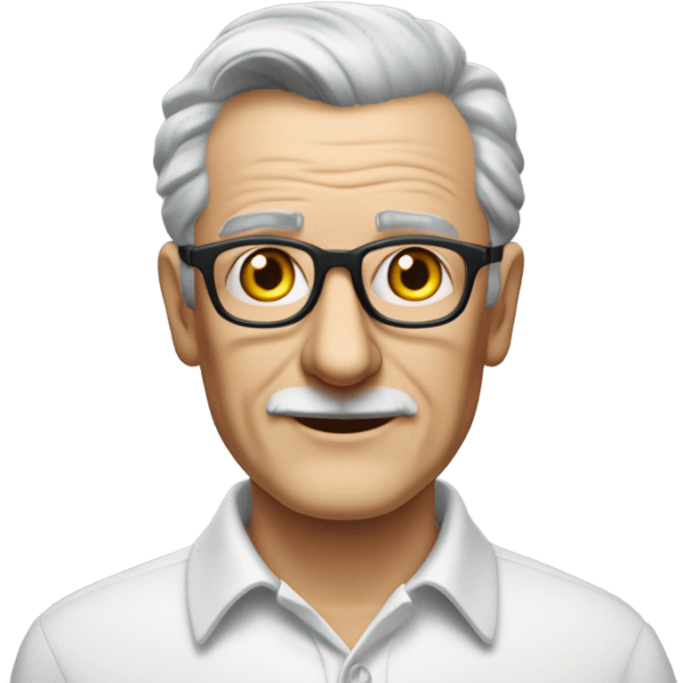 An elderly English man with a kind and dignified appearance, wearing thin-framed glasses. He has neatly combed grey hair and a clean-shaven face with no moustache or beard. He is dressed in a crisp white smart polo shirt with black buttons, emoji