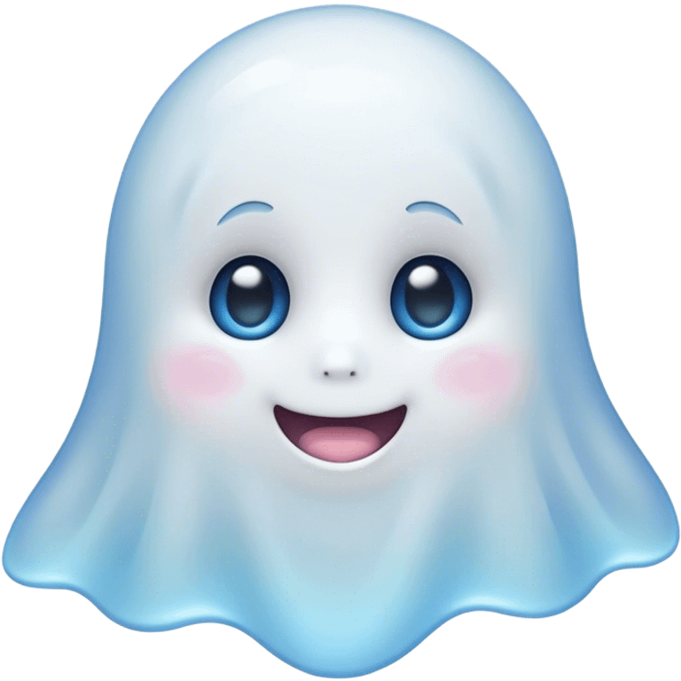 Cinematic Cute Ghost Portrait Emoji, with a playful, rounded translucent form in soft pastel whites and blues, featuring large, sparkling eyes and a gentle, mischievous smile, simplified yet irresistibly endearing, highly detailed with a soft glowing outline that captures the charm of a friendly spirit ready to float into your heart! emoji