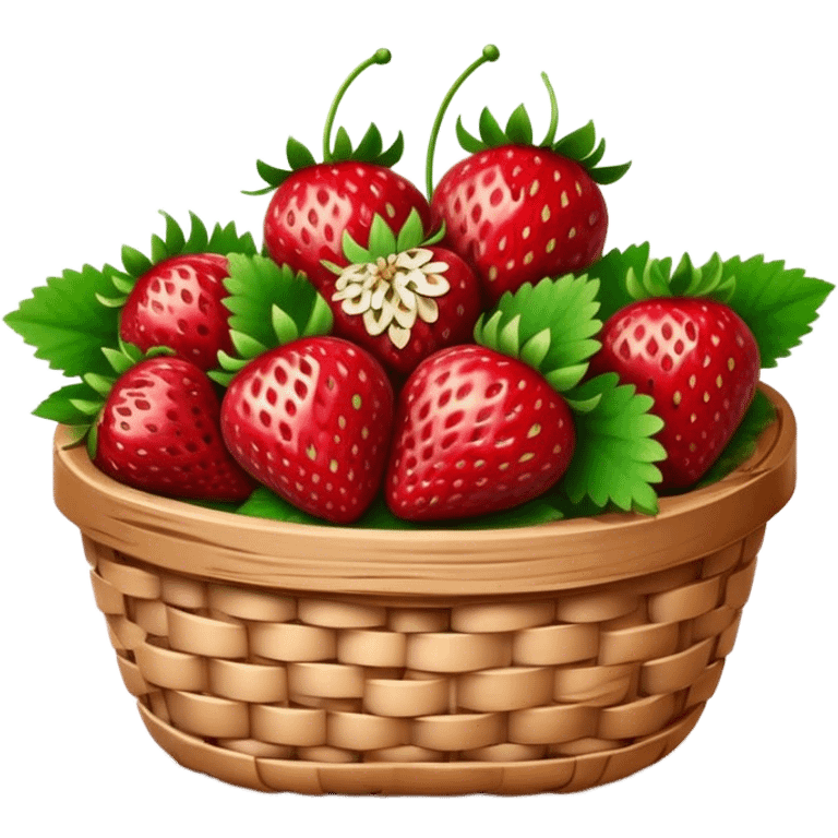 Cinematic ripe strawberrie, deep red, glossy with tiny seeds, green leaves still attached, gathered in a rustic basket, warm glowing background, fresh and sweet. emoji