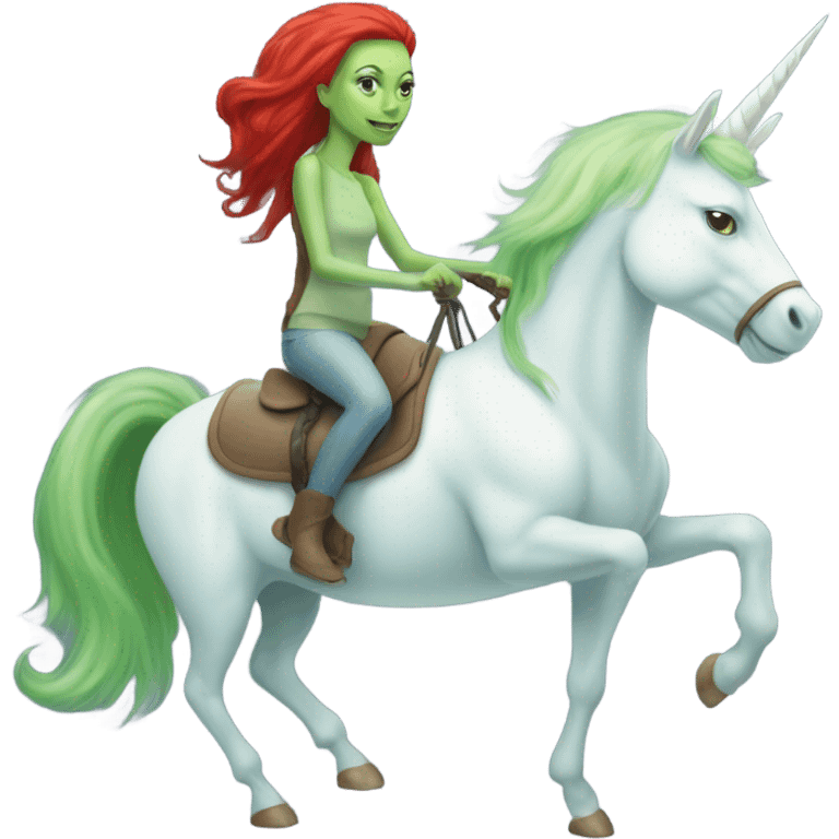 [politically incorrect
	{ woman: alien, color: light green, hair:red, eyes:cat} ]
	on a 
	[{ unicorn: white, legged:four, mane: light blue }] emoji