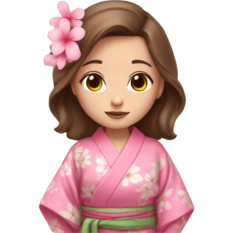 cute girl with blue eyes and brown hair in pink flower kimono emoji