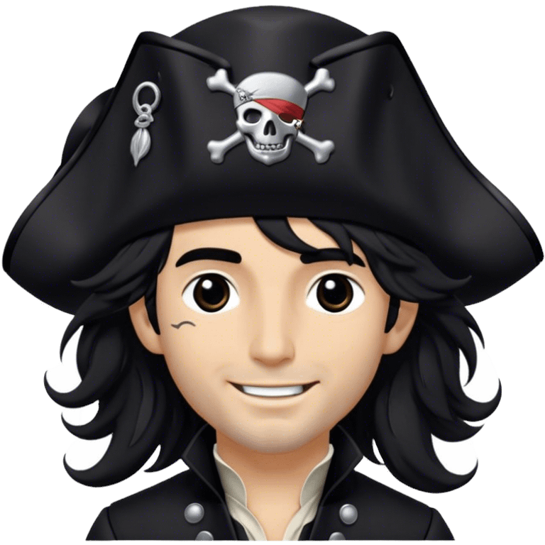 A charismatic pirate with wavy black hair tousled by the breeze. His silver-embroidered tricorn hat casts a shadow. Dark eyes glint with mischief as he looks to the side, a knowing smile on his lips. His black coat, adorned with silver buttons, shifts with the wind emoji