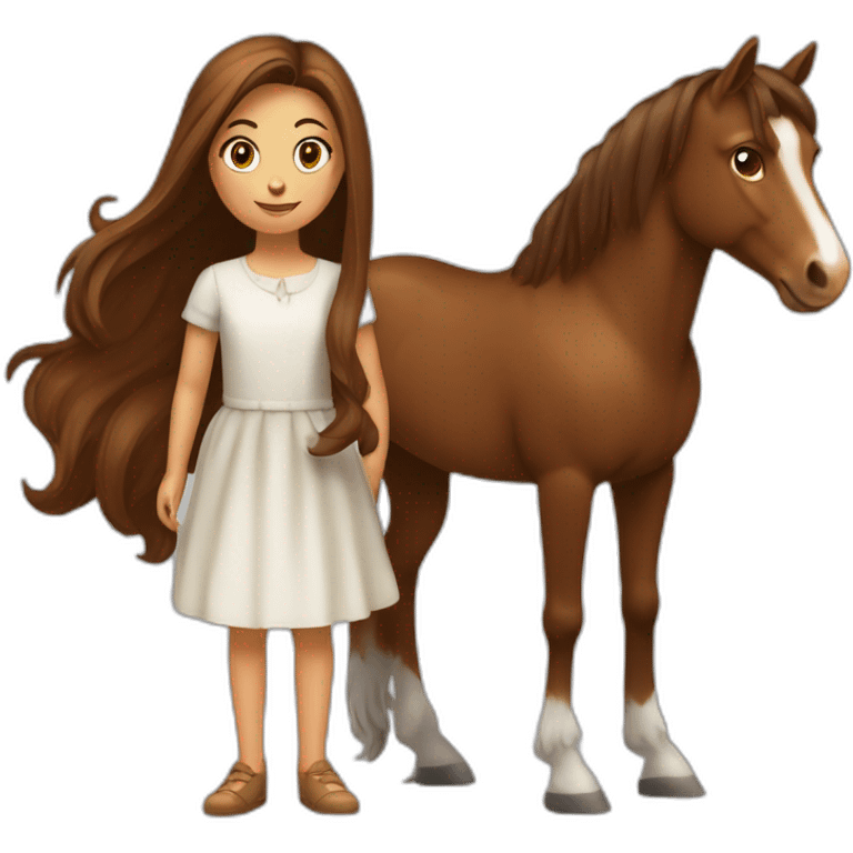 Un cheval marron avec une fille à côté qui a les cheveux brun et assez long  emoji