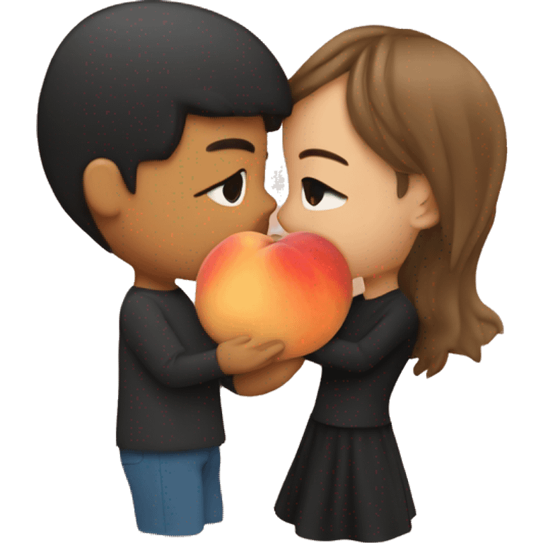 A girl with a black square kisses a guy with brown hair. Above them is a peach emoji