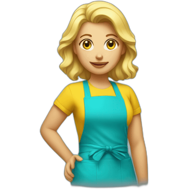 blonde woman with a cyan colored apron and a yellow t-shirt emoji