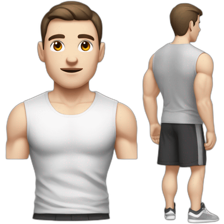 Pale skinned Fit Man With the biceps and dark brown hair in black shirt, gray sports shorts and white Sneakers He touches his back of the head emoji