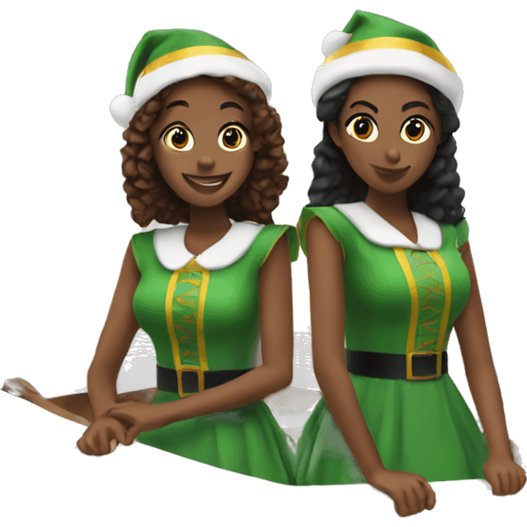 Two teen girls on q boat in elf costumes emoji