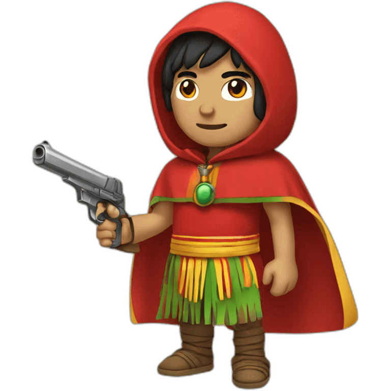 An Inca man, neck-length black hair, wearing a red headband and wearing a red poncho (with yellow, green and red lines) and holding a pistol emoji