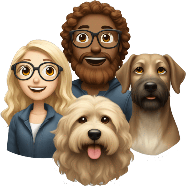 Curl brown hair girl with glasses, wolfhound dog in the middle and blond boy with red beard in the right emoji