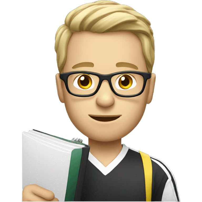 white young soccer coach with eyeglasses holding a notebook emoji