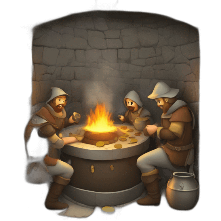 inside of a medieval mint showing different people working creating coins with a furnace emoji