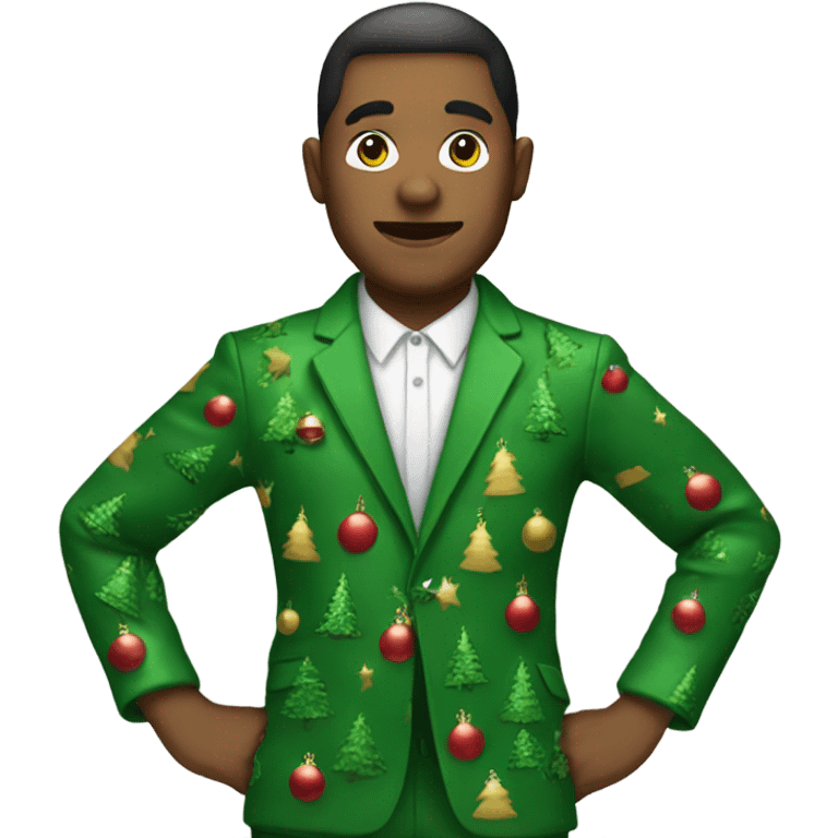 Man wearing Christmas tree suit emoji