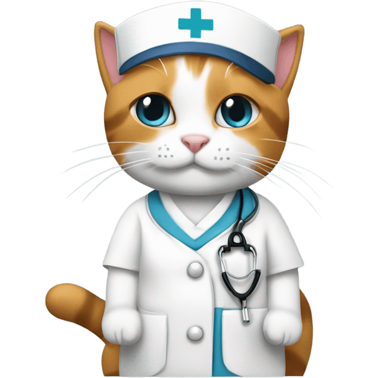 Calico cat wearing nurses uniform with￼ with nurse’s cap emoji