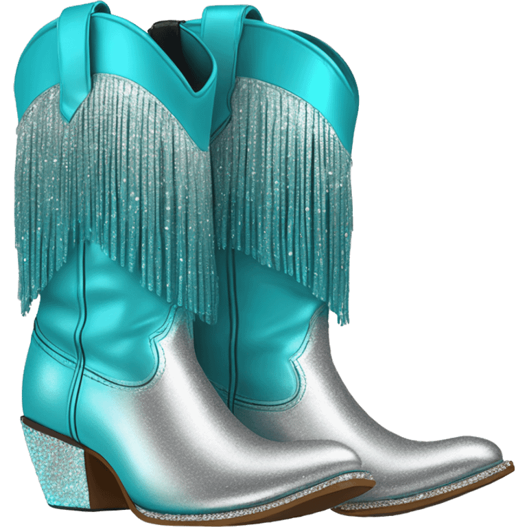 Realistic silver and turquoise blue ombre pair of fashion cowgirl boots with sparkly shiny glitter fringe on them. emoji