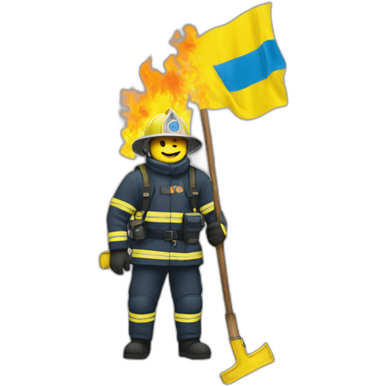 Ukrainian firefighter with the flag of Ukraine puts out the fire emoji