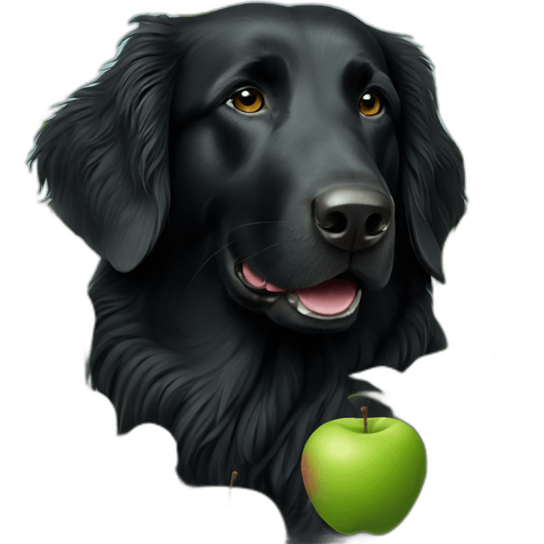 Black flat coated retriever in an apple tree emoji