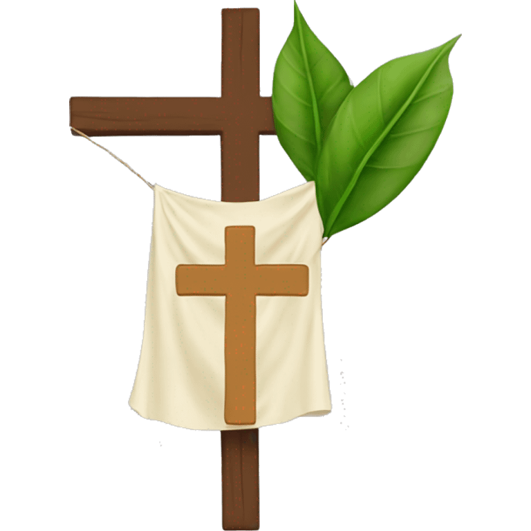 A cross with a cloth over the shoulders of the cross and its hanging down with a leaf on the back of the neck of the cross emoji