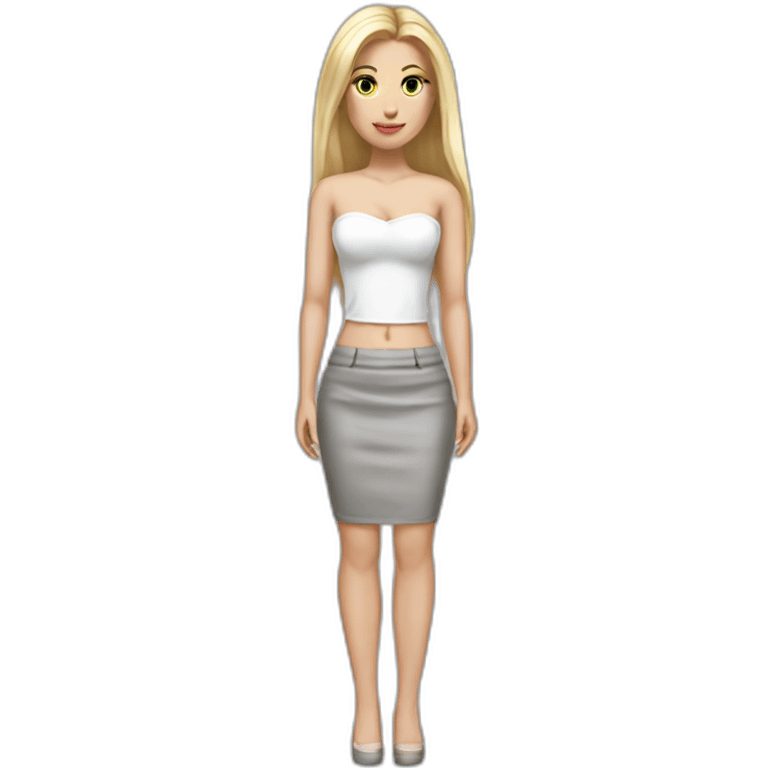 hyperrealistic caucasian female, long straight blonde hair, white bustier, grey mini tight skirt, body view emoji