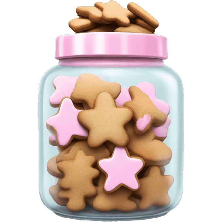 Realistic glass cookie jar with light pink lid full of gingerbread cookies isolated.  emoji