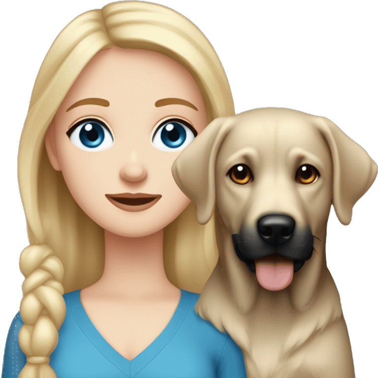 White skinned girl with medium length blonde hair and blue eyes with a black lab dog with a little bit of brown in his fur emoji