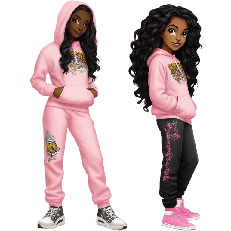 Light skin black girl with long black hair standing up straight with an pale pink ed hardy hoodie logo and pale pink Ed hardy sweatpants with logo  emoji