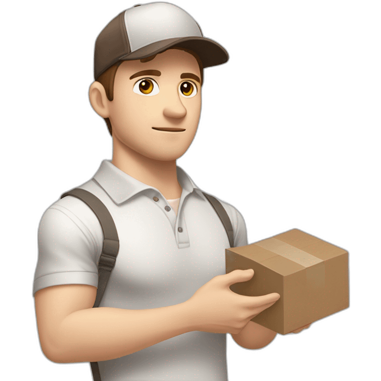 Pale skinned fit Man with dark brown hair in a light gray cap, dark brown jeans, brown polo and white T-shirt keeping a pasted with tape white box into his hands emoji