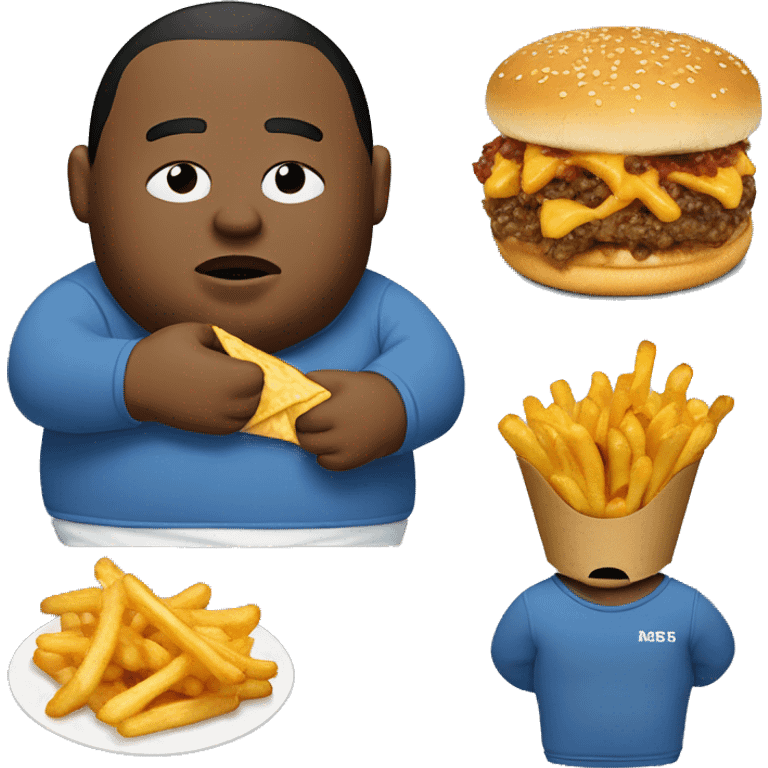 fat man in dirty blue sweatsuit with chili cheese fries in his mouth emoji