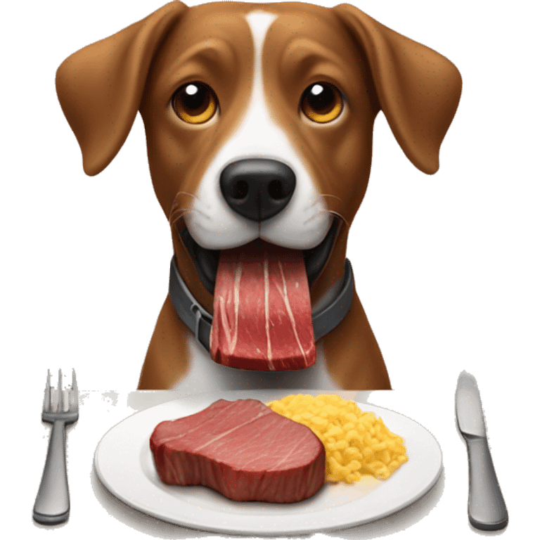 Dog eating a steak at the dinner table  emoji