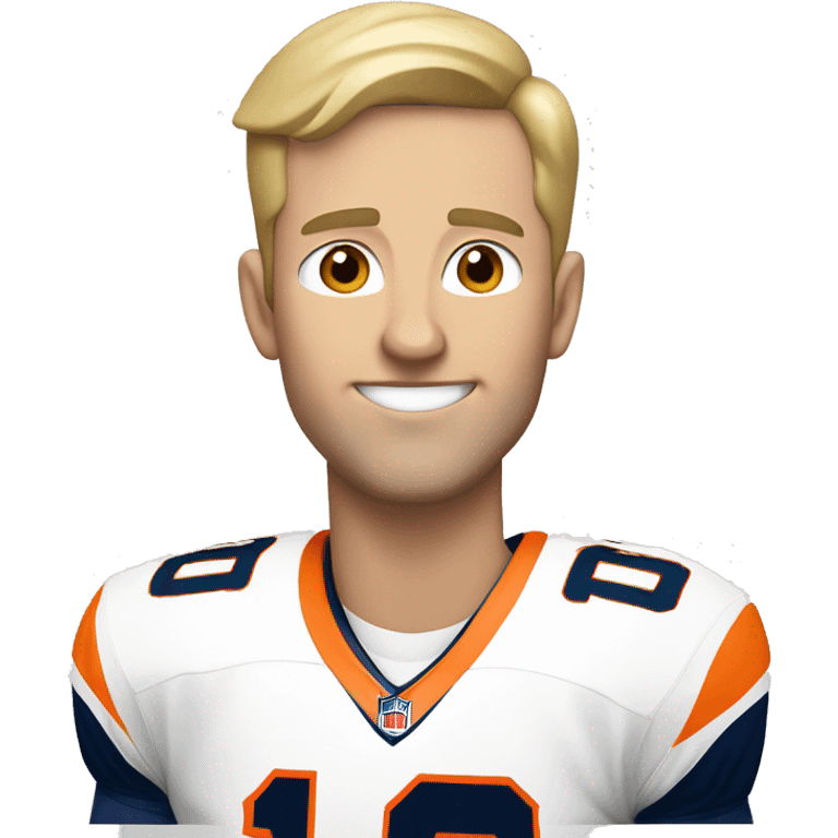 blonde caucasian man with short hair wearing a broncos jersey with the number 10 and holding a football emoji