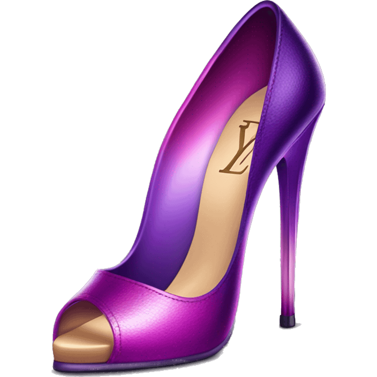 Realistic isolated pair of metallic magenta to purple ombre Louis Vuitton high heel stiletto shoes. emoji