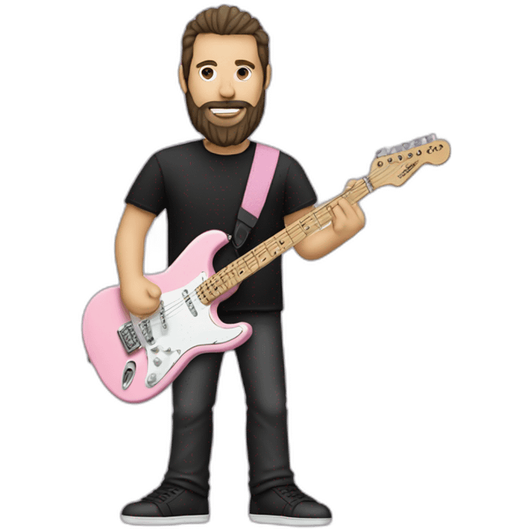 white man with dark beard and black t shirt and pastel pink stratocaster electric guitar emoji