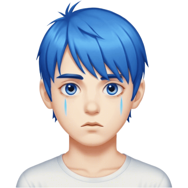 A boy with highly saturated blue hair, bangs above his eyebrows, and double eyelids emoji