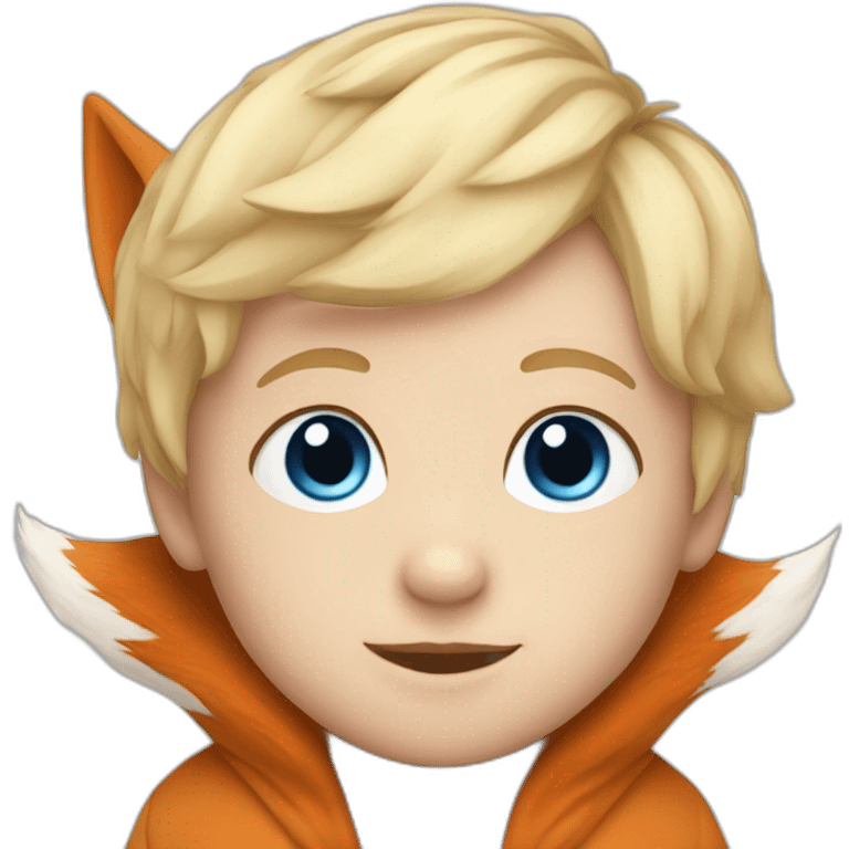 Baby boy with blond hair and blue eyes and a fox plush emoji