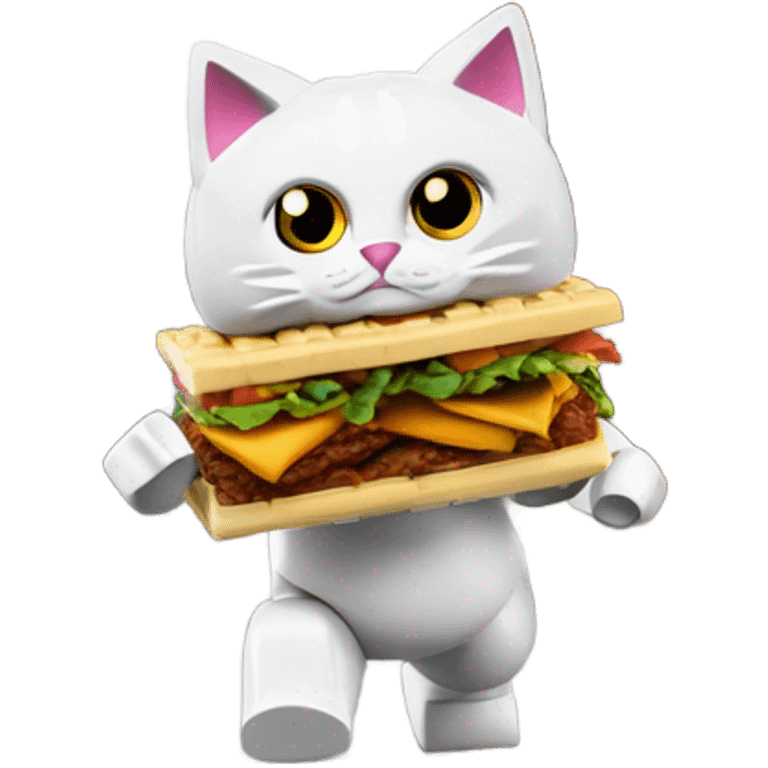 A cat made out of Lego has stolen a döner kebab and is being chased down the street by Donald trump emoji