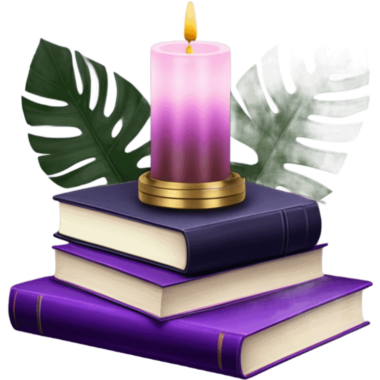 An elegant still life featuring a stack of light and dark violet books, a pink monstera plant, and a brass candle holder. emoji