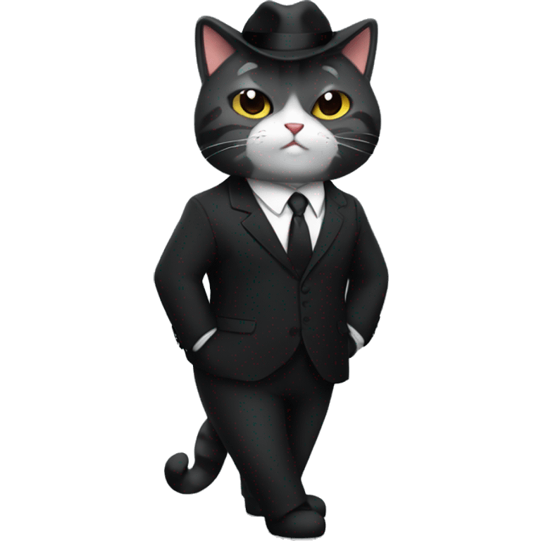 Mafia cute and cool chubby cat in a black  formal cassic suit emoji