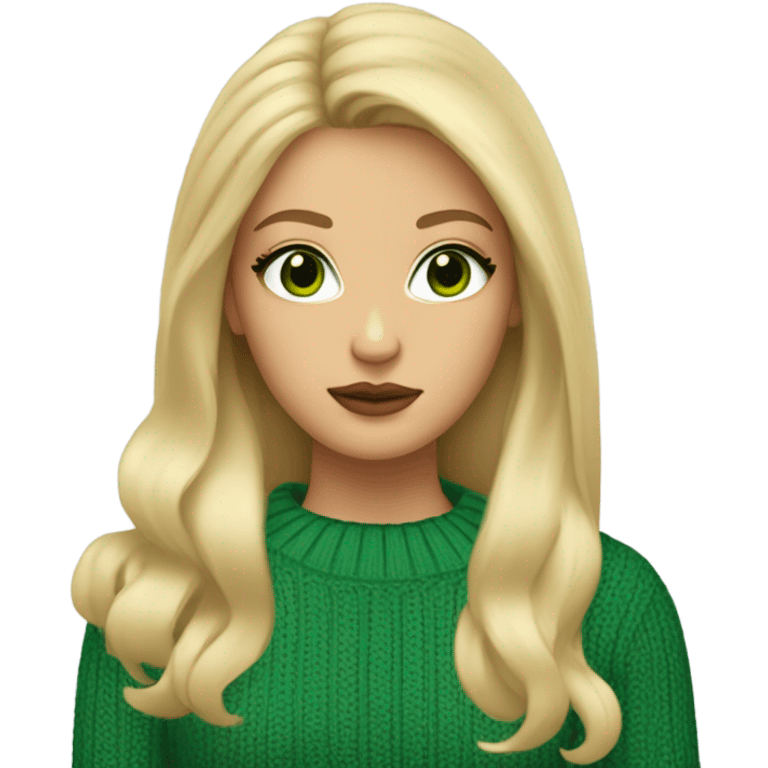 blonde girl with green eyes, smooth skin, sweater, long blow out hair, baddie, middle part emoji