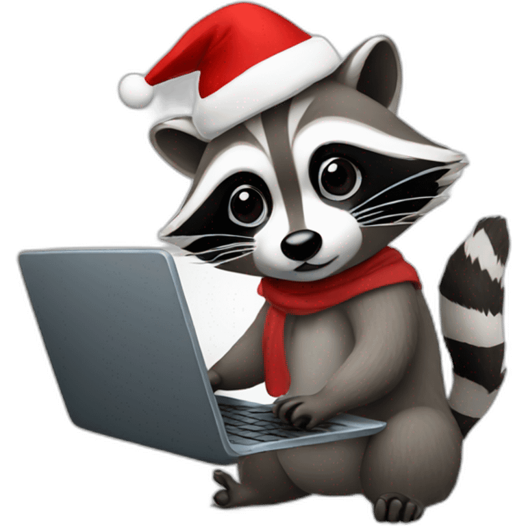 Raccoon working on a laptop with christmas hat emoji