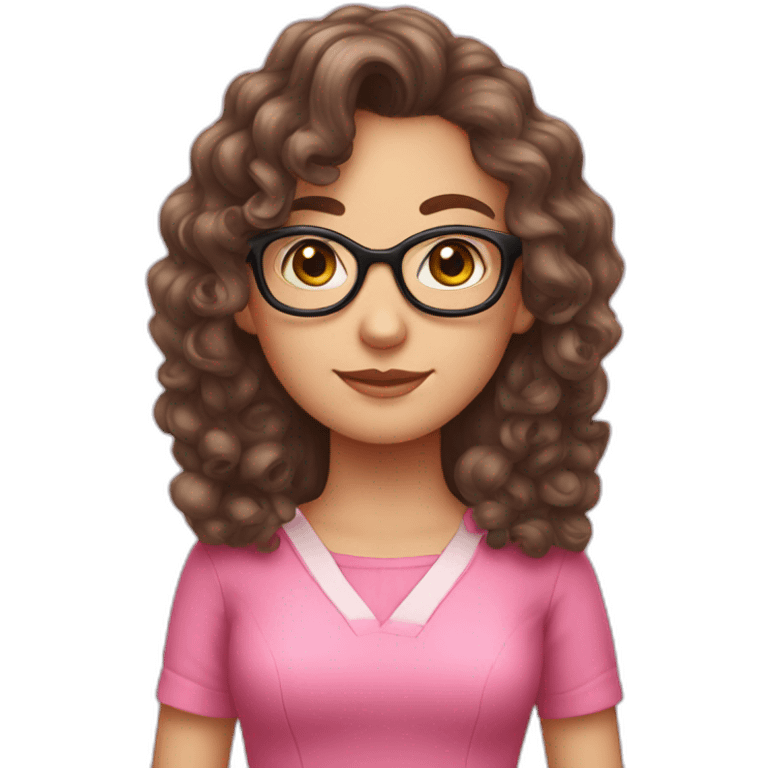 brunette curly long hair nerd girl, wearing a pink dress emoji