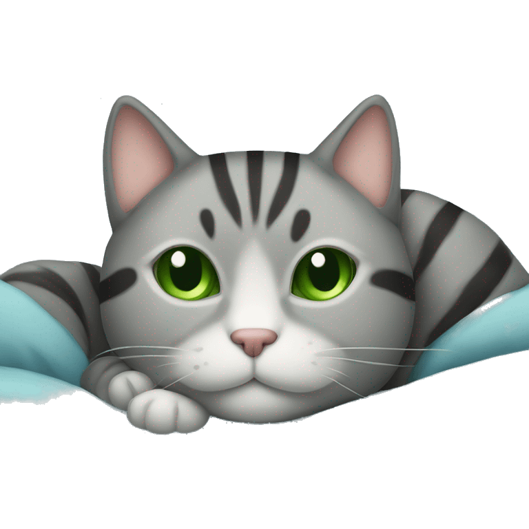 chubby gray striped cat with green eyes laying in bed emoji