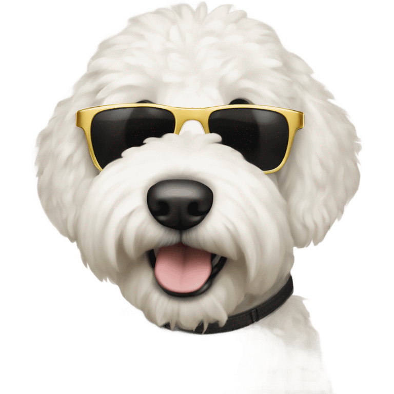 White golden doodle with sunglasses and a smirk emoji