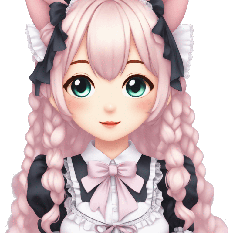 Gorgeous anime style catgirl with blushing face with maid outfit laces gothic Lolita idol model kawaiicore pastelcore cottagecore pearly petite simplistic aesthetic trending style emoji