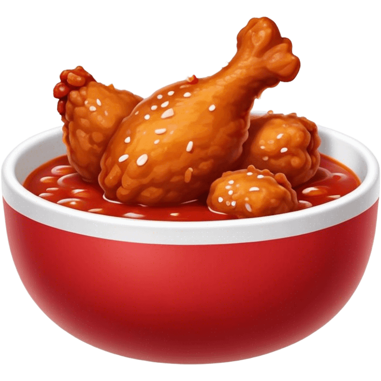 Korean Fried Chicken Cinematic Realistic Korean Fried Chicken Dish Emoji, depicted as bite-sized chicken chunks generously coated in a glossy, spicy sauce, in a bowl. emoji