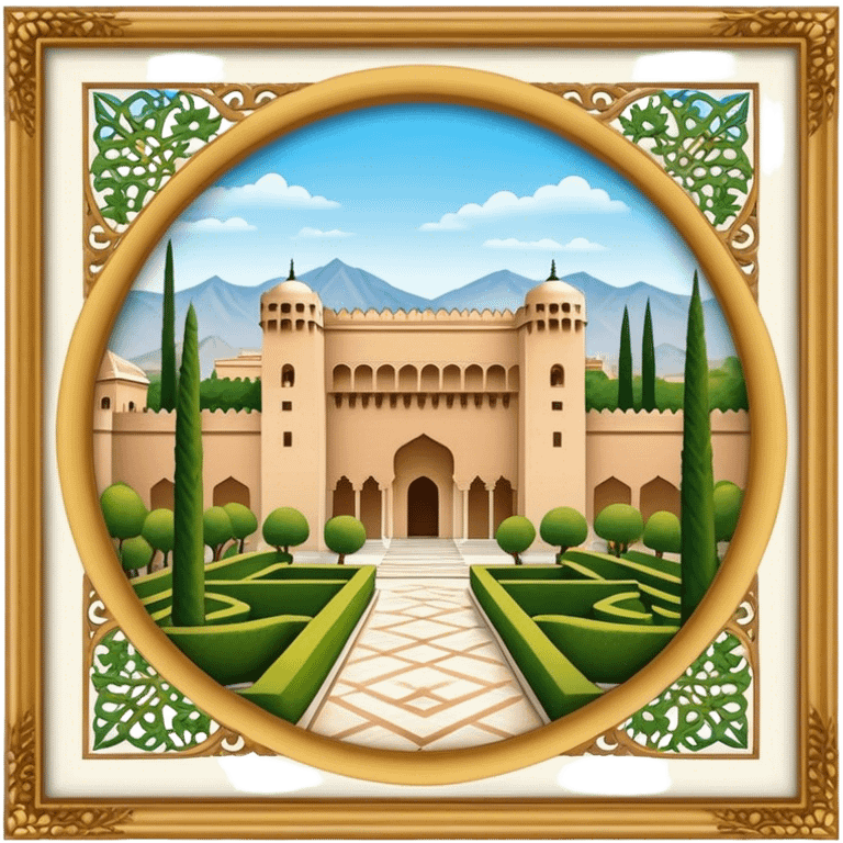 Cinematic Realistic Alhambra Landmark Emoji, showcasing the ornate historic palace with lush gardens rendered with rich textures and soft, majestic lighting. emoji